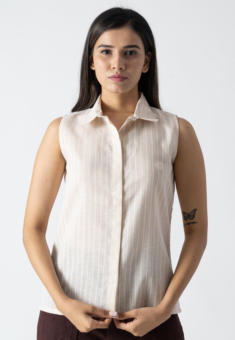 Cream Cotton Sleeveless Shirt For Women 313254