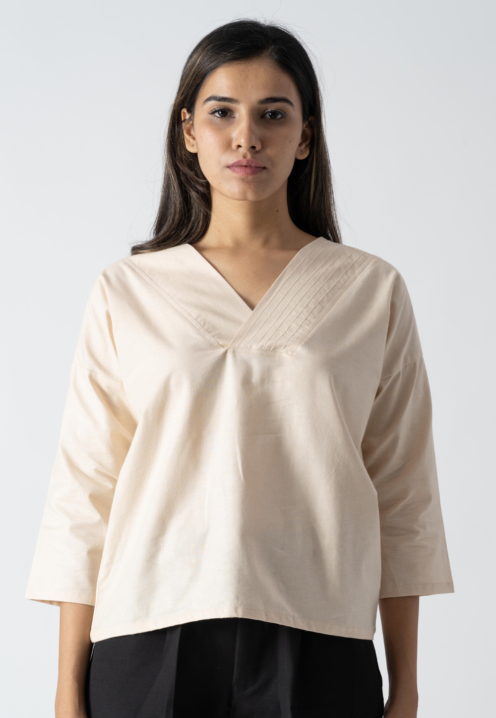 Cream Cotton V Neck Top 313275