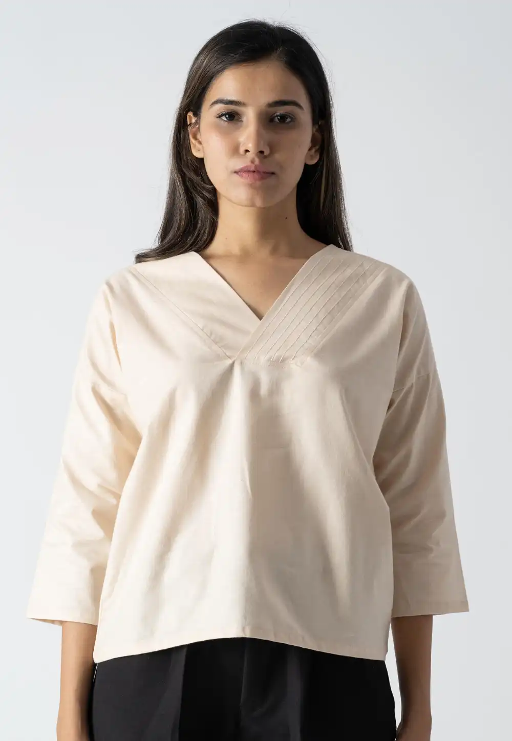 Cream Cotton V Neck Top 313275