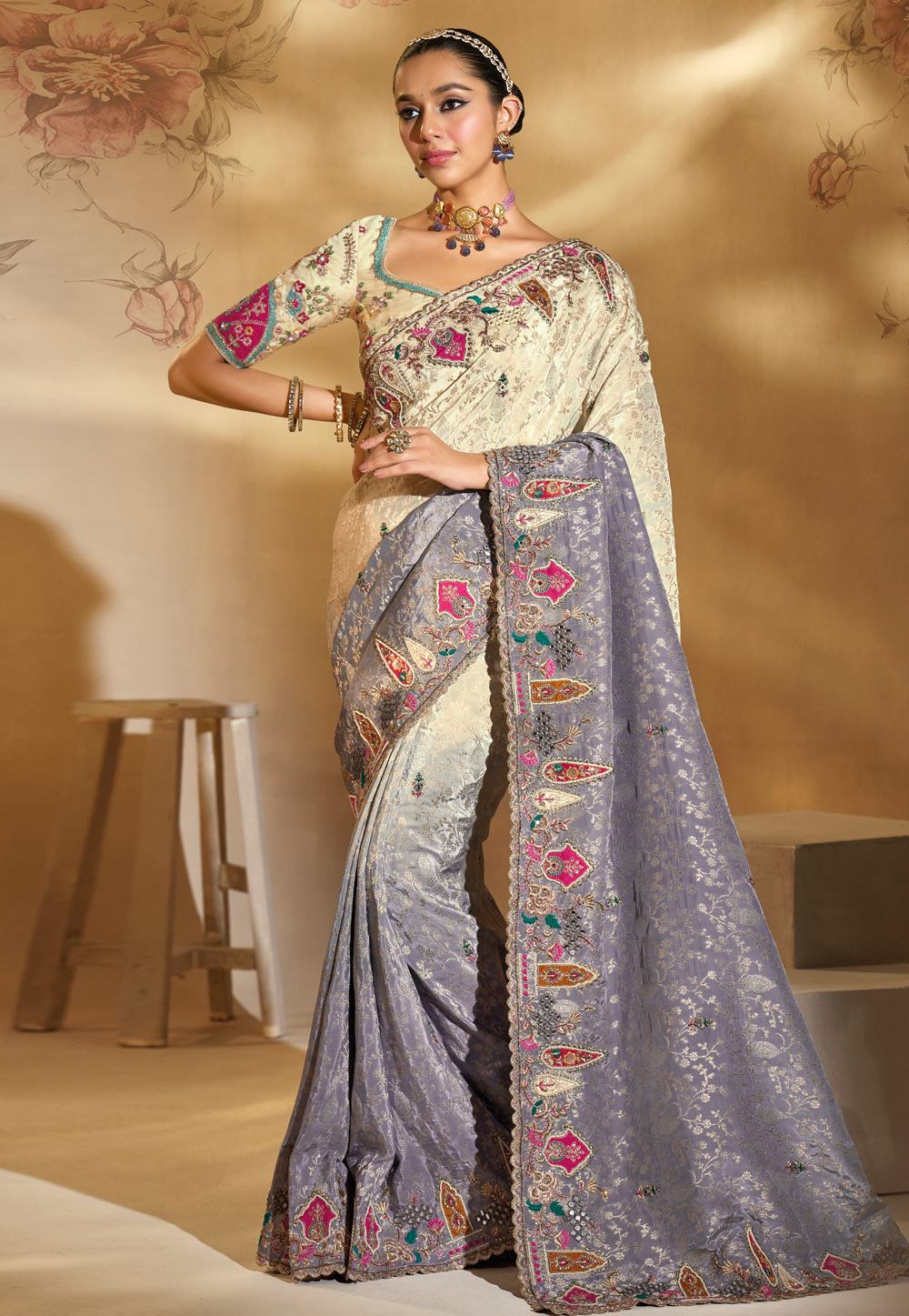 Cream Crepe Half N Half Saree 318219