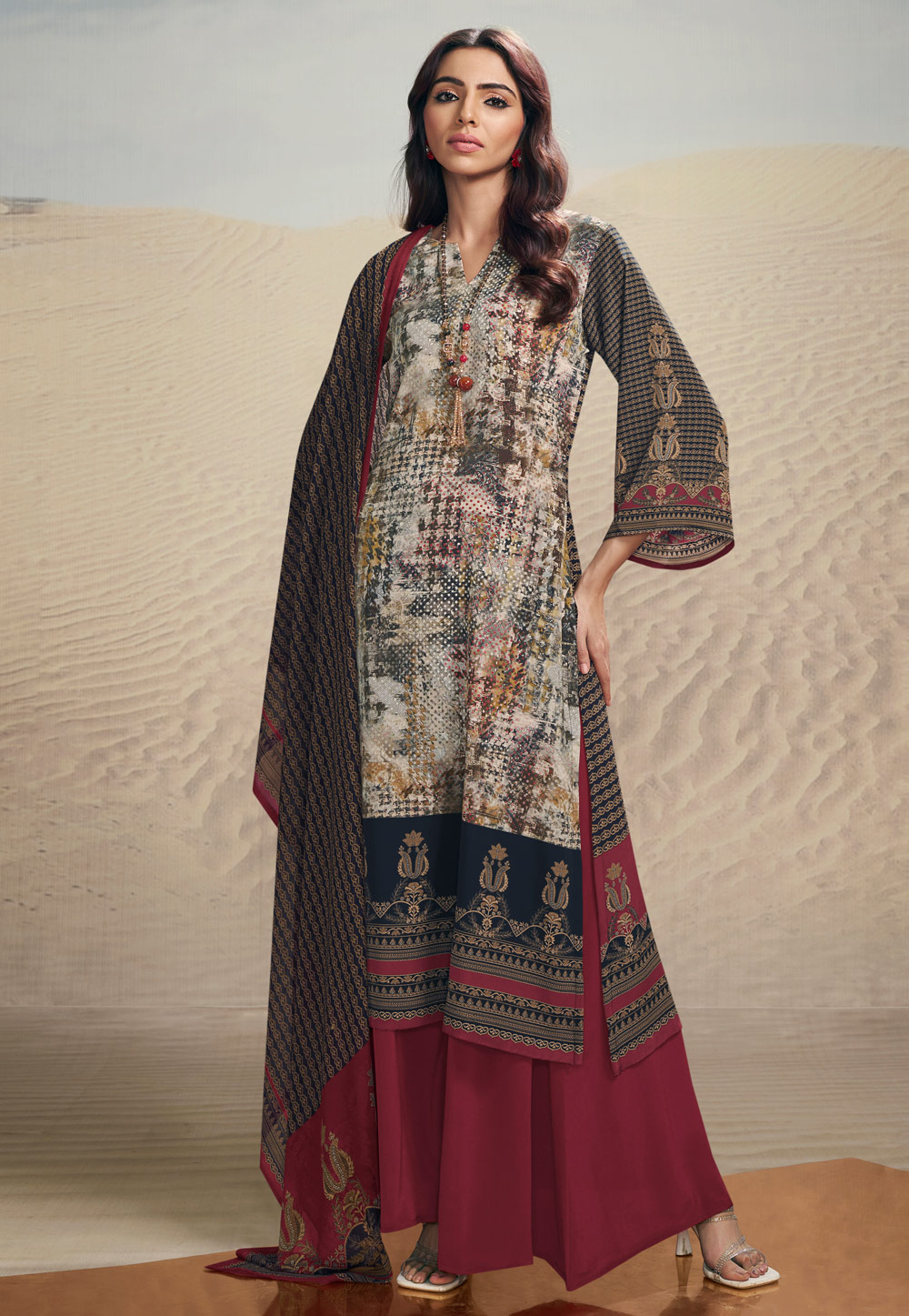 Cream Crepe Palazzo Suit 284978