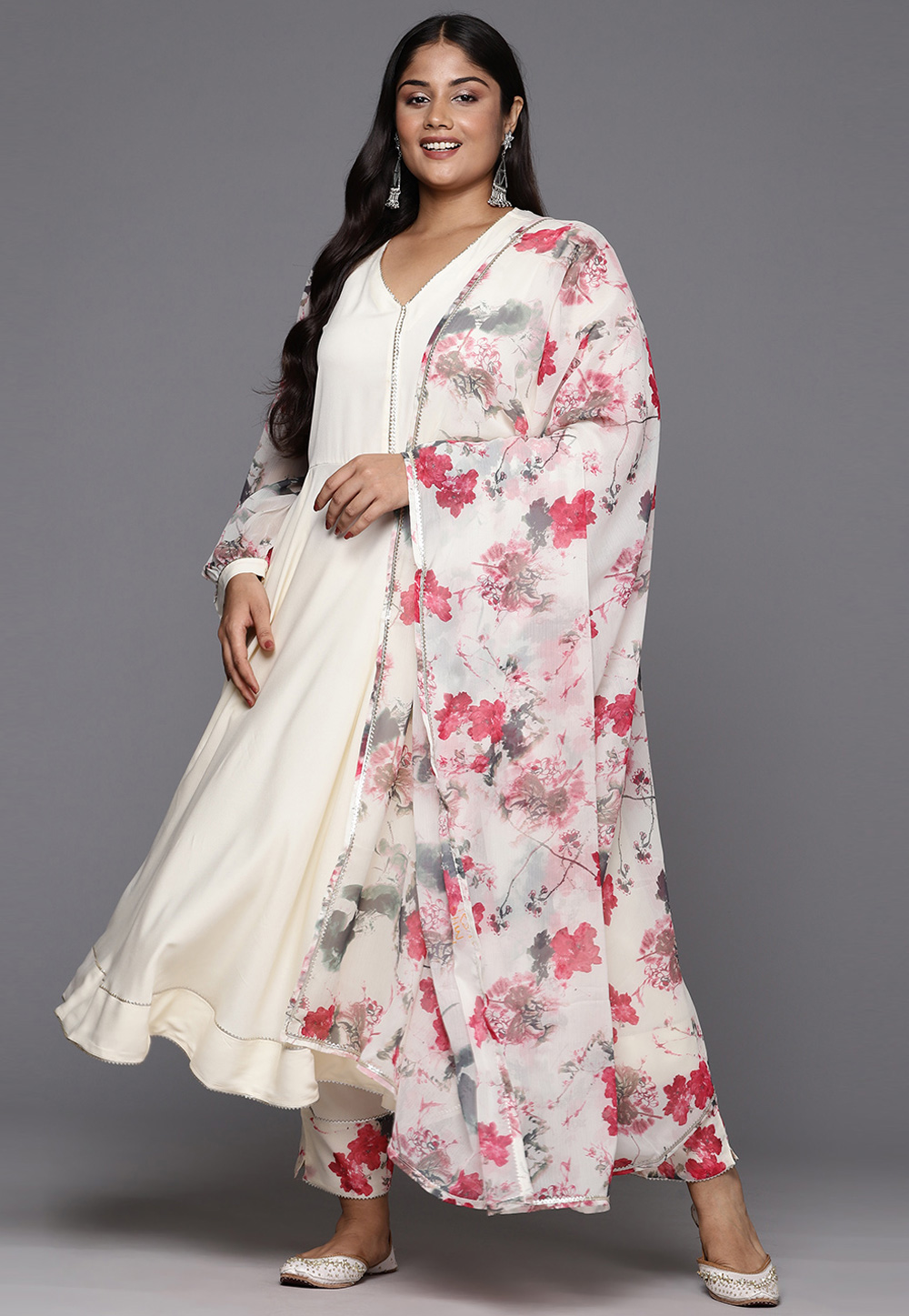 Cream Crepe Readymade Anarkali Suit 308893