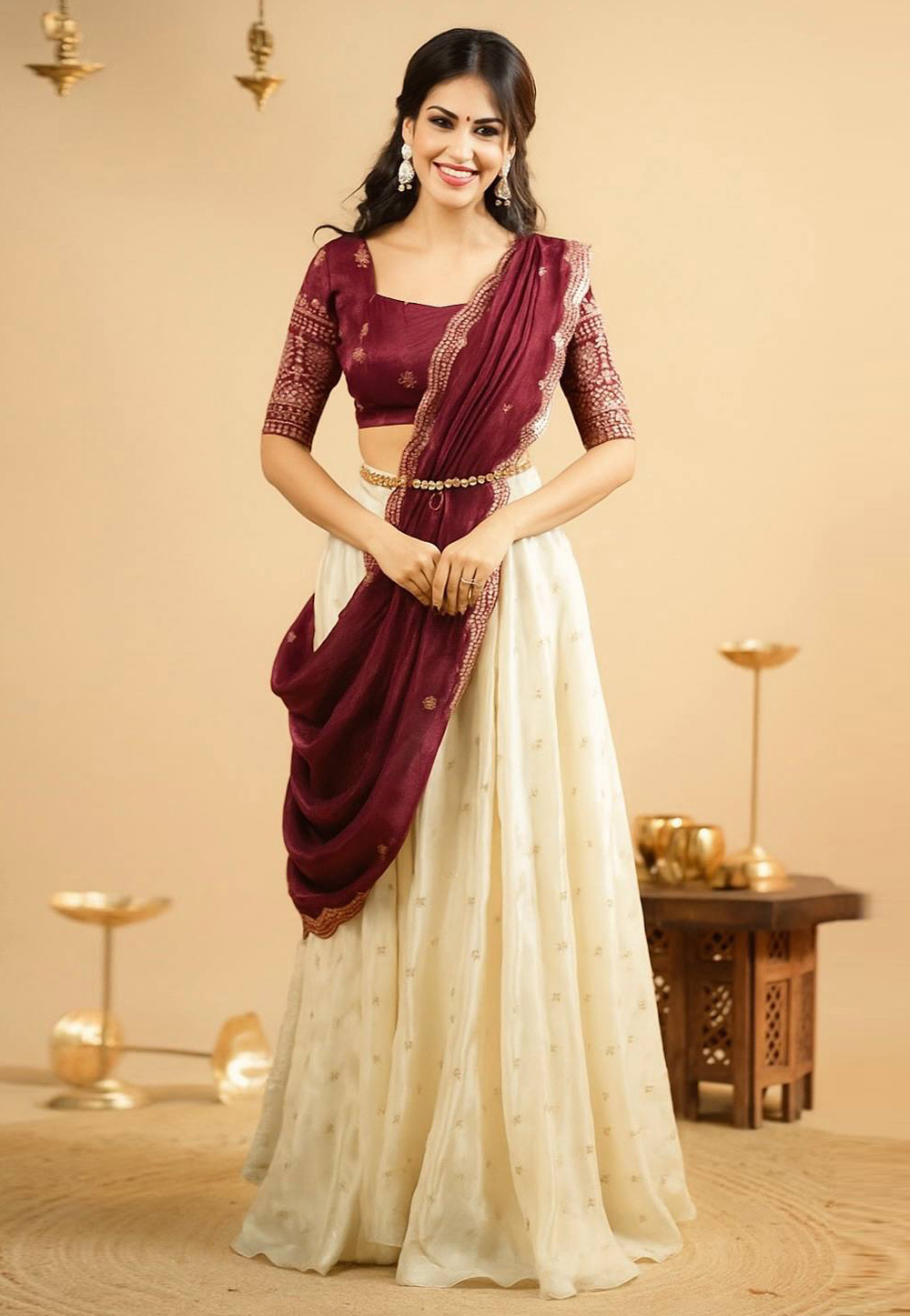 Cream Crepe Silk A Line Lehenga Choli 321009