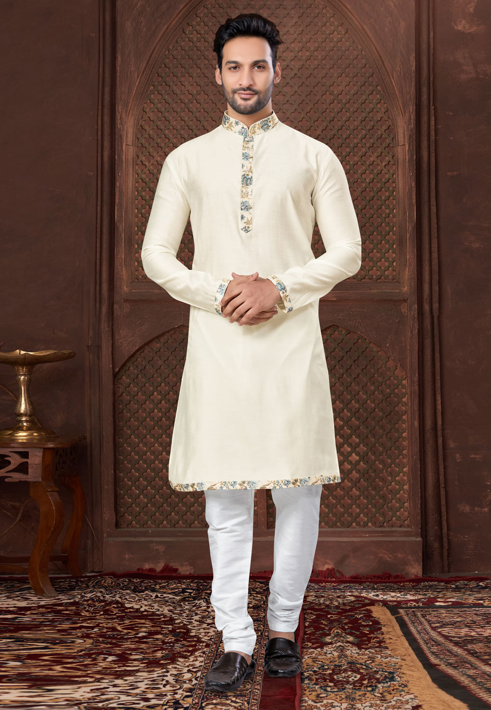Cream Crepe Silk Kurta Pajama 307666