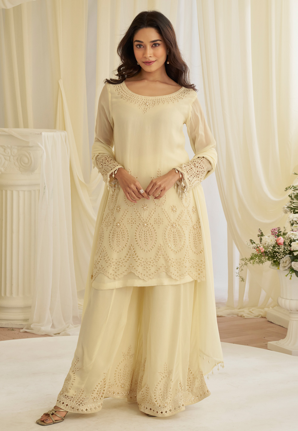 Cream Crepe Silk Palazzo Suit 327478