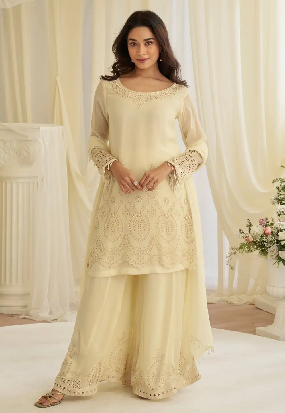 Cream Crepe Silk Palazzo Suit 327478