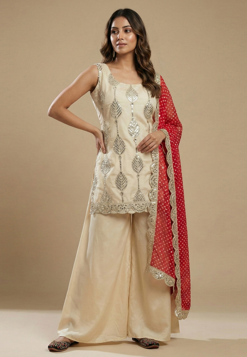Cream Crepe Silk Readymade Palazzo Suit 323294