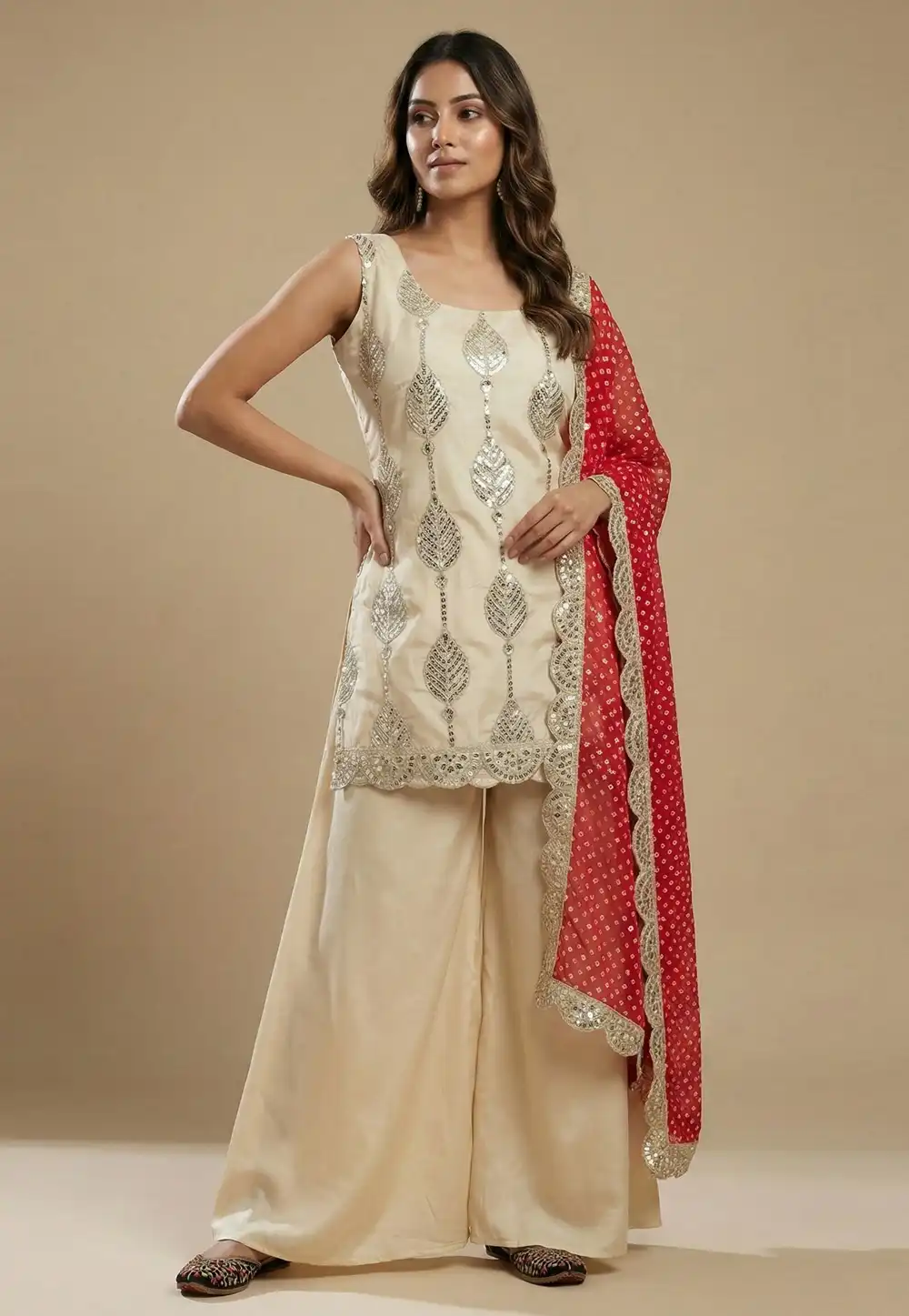 Cream Crepe Silk Readymade Palazzo Suit 323294