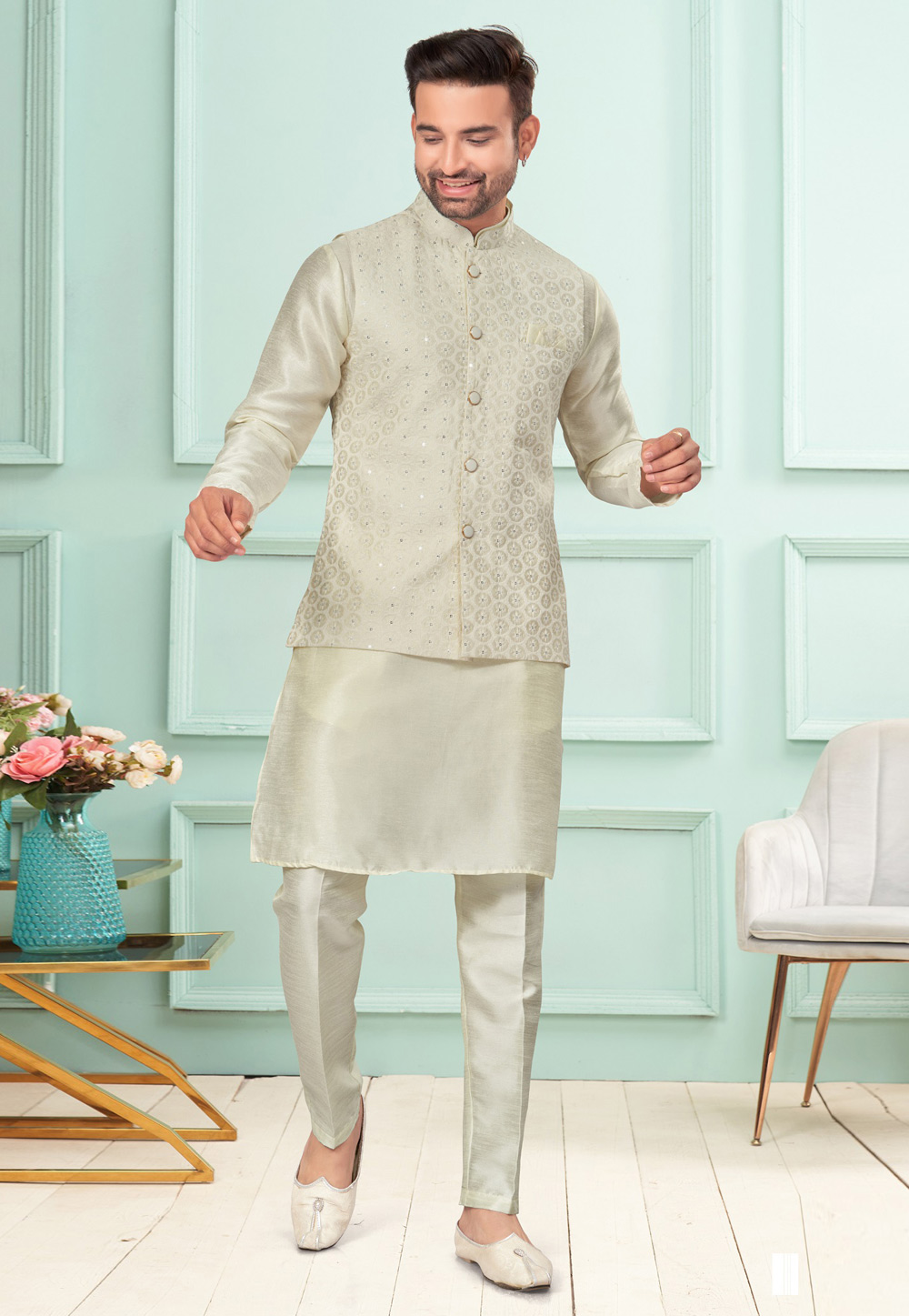 Cream Dupion Kurta Pajama With Jacket 283892