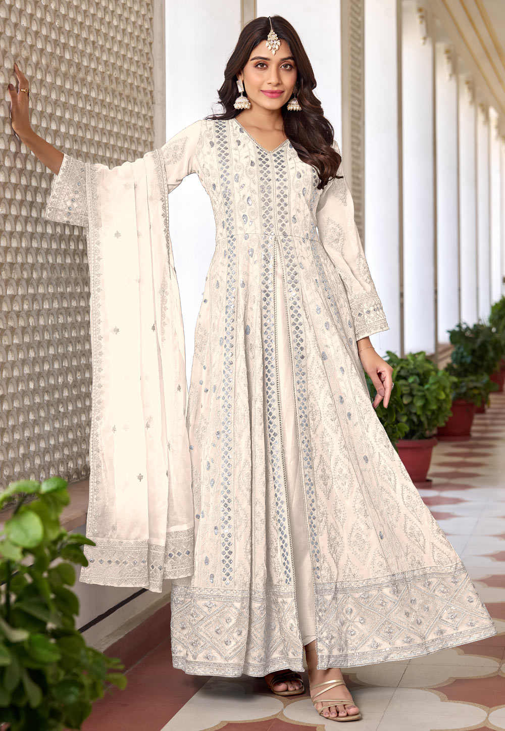 Cream Faux Georgette Embroidered Center Slit Anarkali Suit 282427