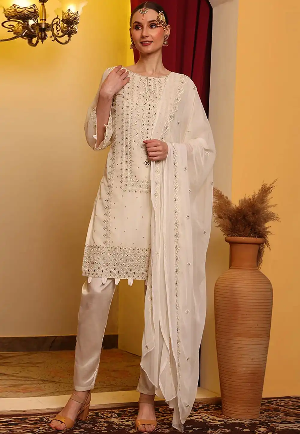 Cream Faux Georgette Embroidered Pant Style Suit 319936