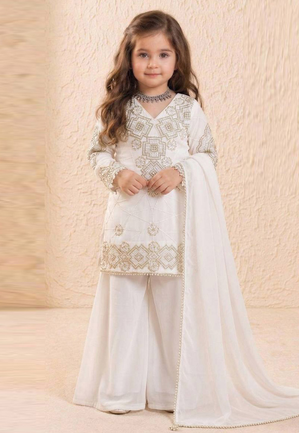 Cream Faux Georgette Kids Salwar Suit 327840