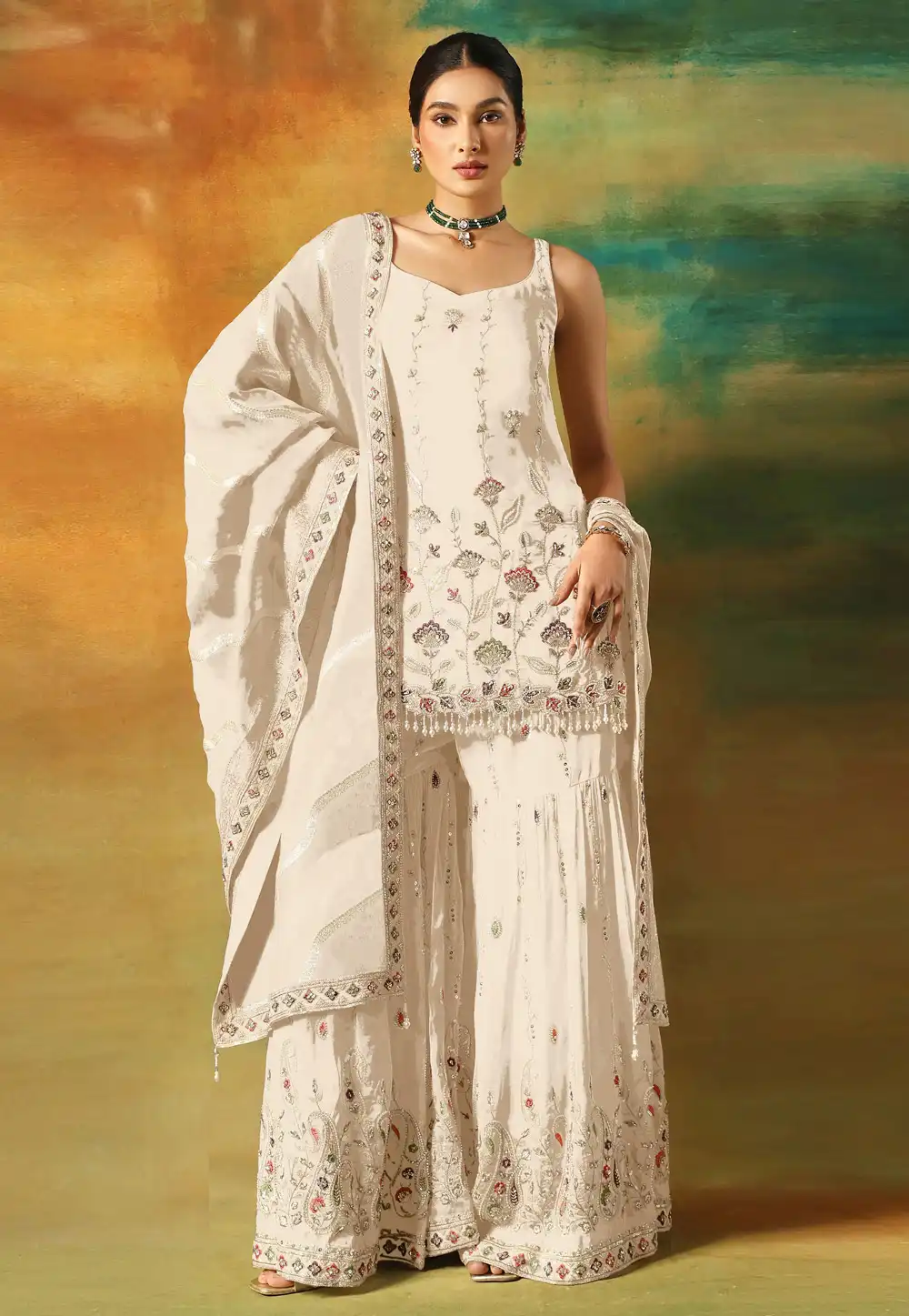 Cream Faux Georgette Sharara Suit 315454