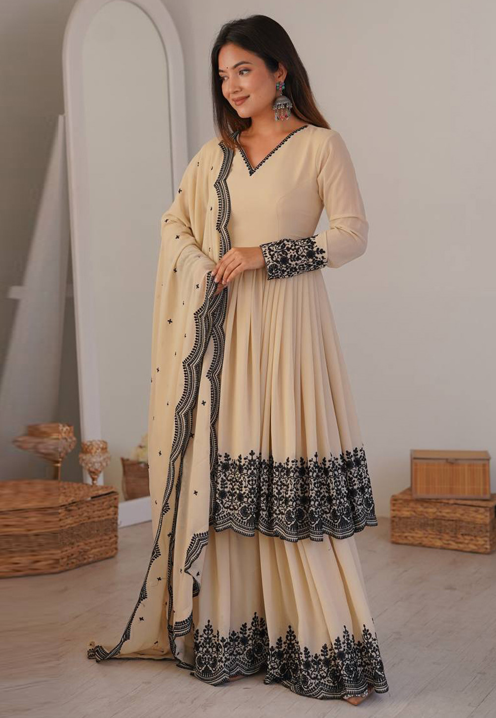 Cream Faux Georgette Readymade Anarkali Suit 328974