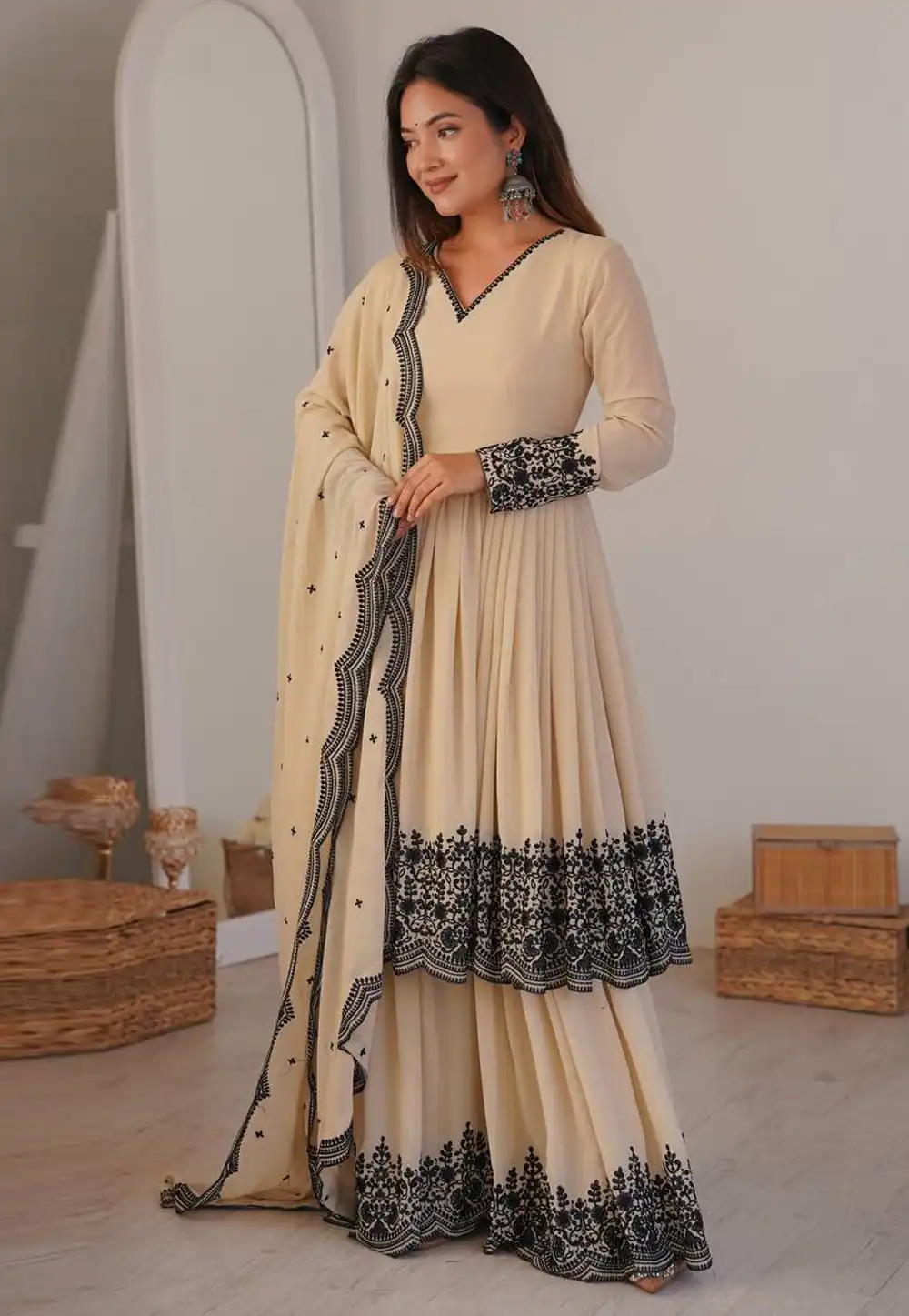 Cream Faux Georgette Readymade Anarkali Suit 328974