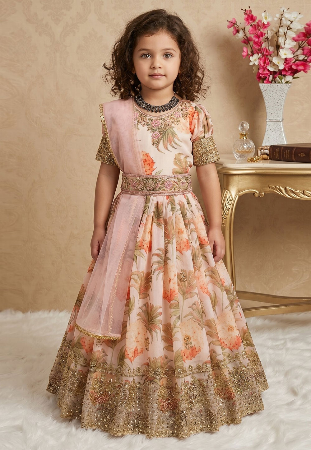 Cream Faux Georgette Readymade Kids Gown 329932