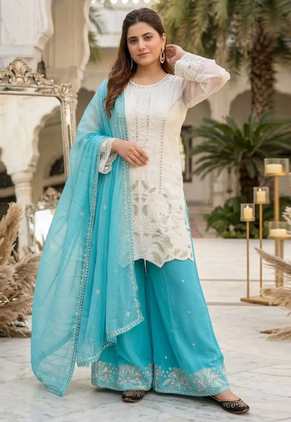 Cream Faux Georgette Readymade Pakistani Suit 329607