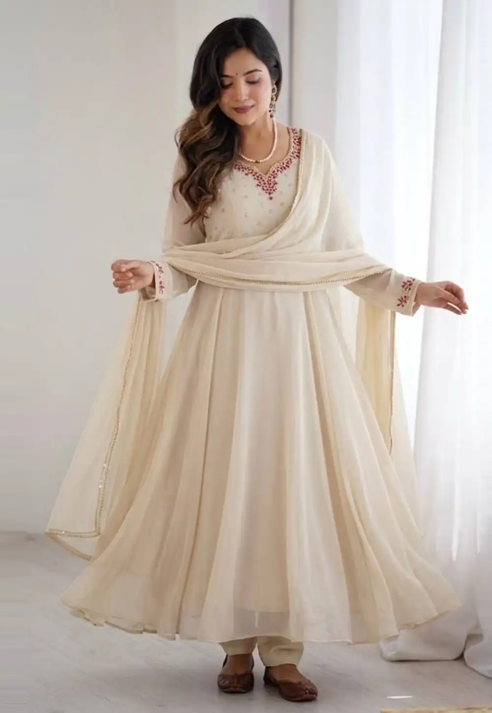 Cream Faux Georgette Readymade Pant Style Suit 328896
