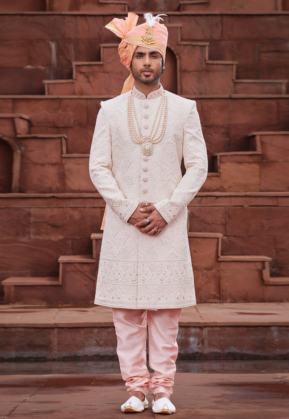 Cream Georgette Achkan Style Sherwani With Stole 280130