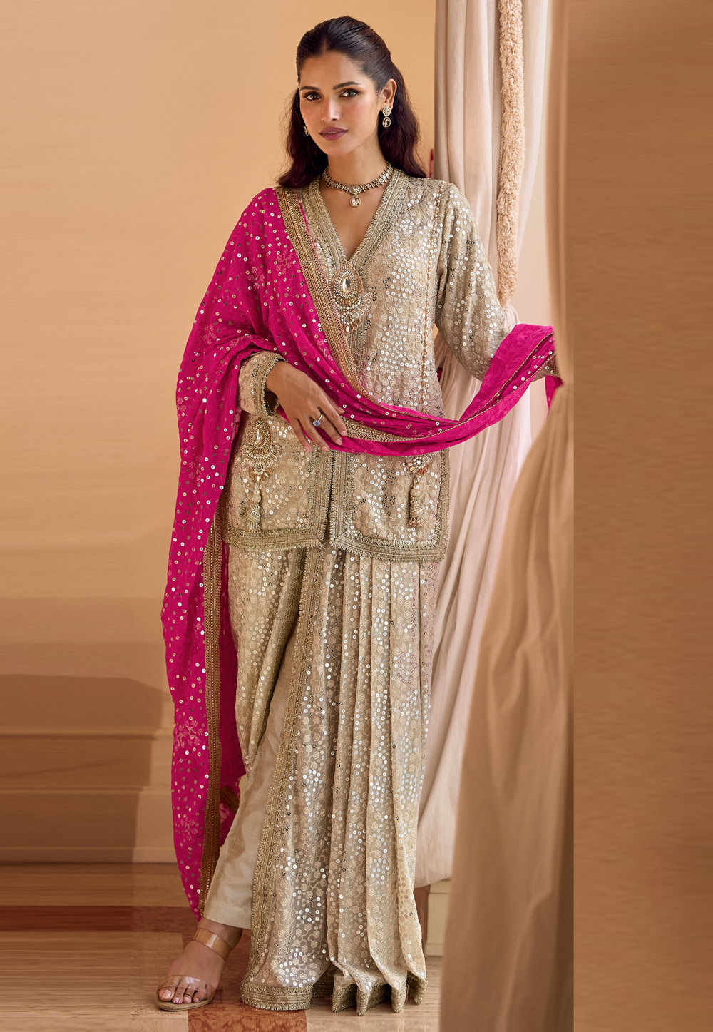 Cream Georgette Embroidered Dhoti Salwar Suit 326290