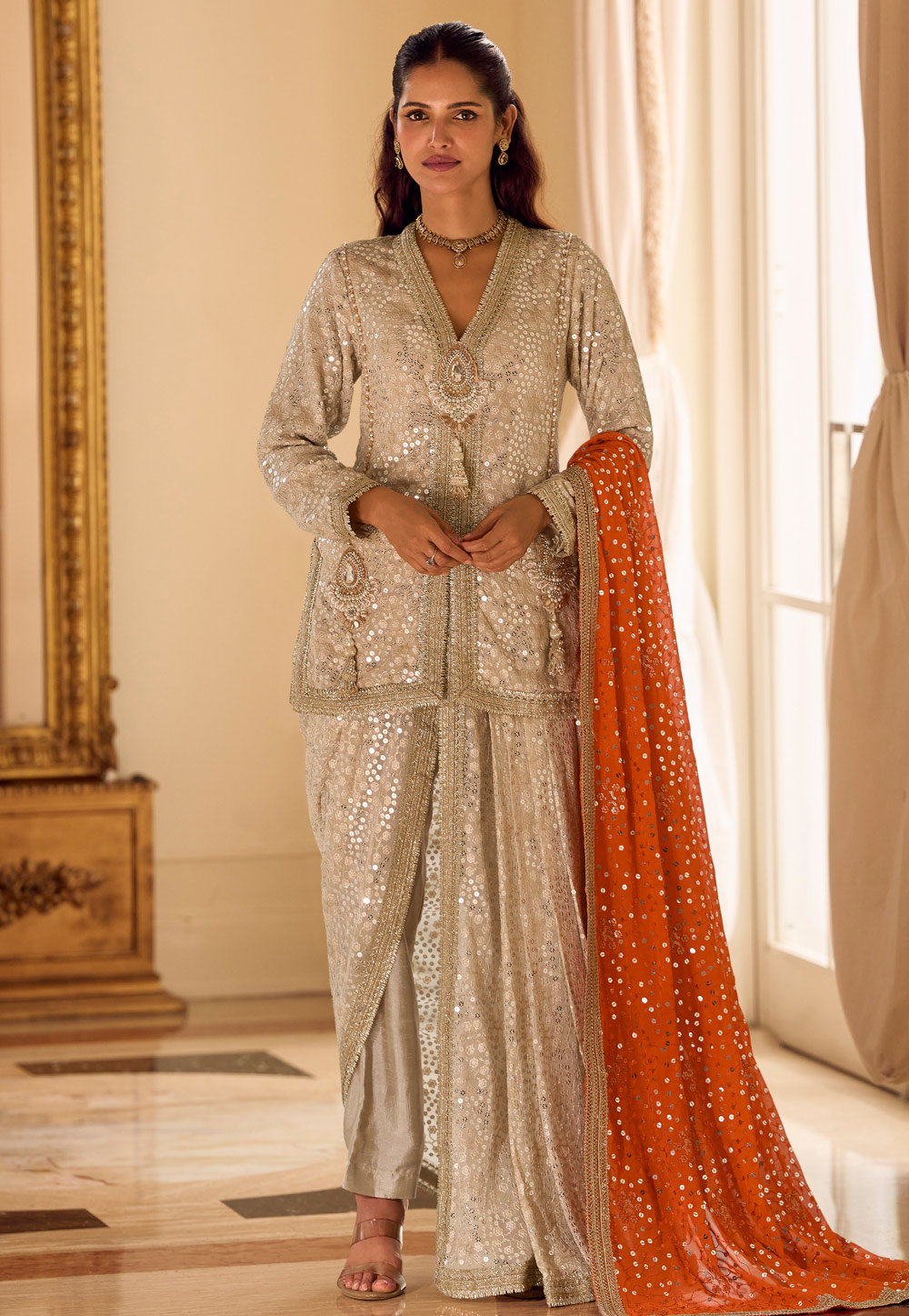 Cream Georgette Embroidered Dhoti Style Suit 326291