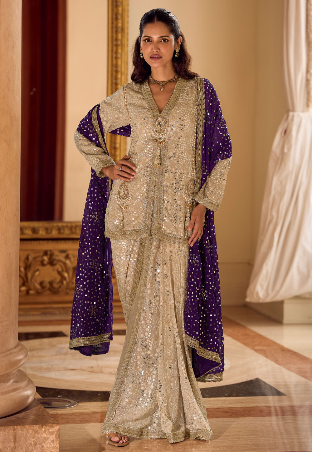 Cream Georgette Embroidered Dhoti Style Suit 326293