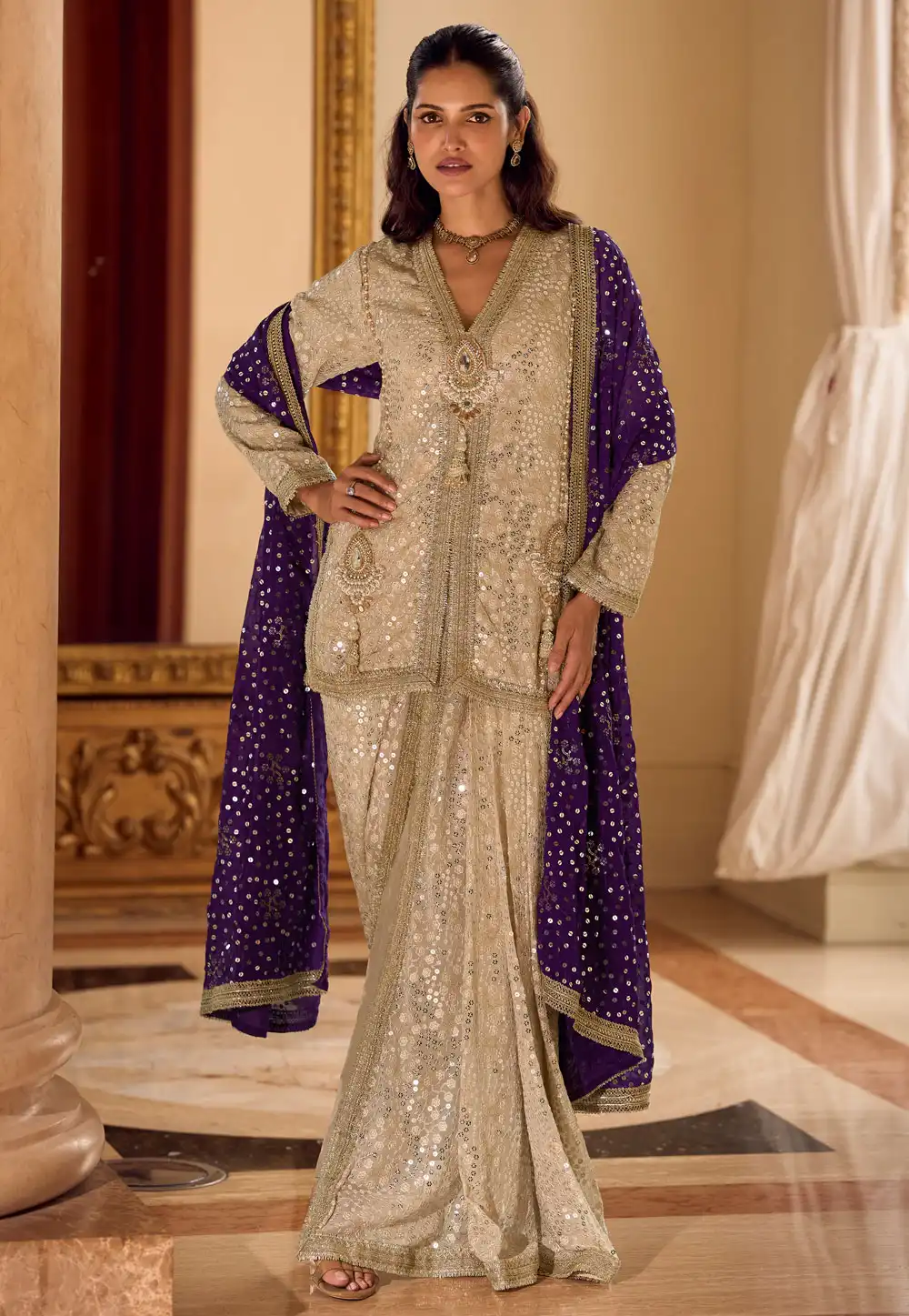 Cream Georgette Embroidered Dhoti Style Suit 326293
