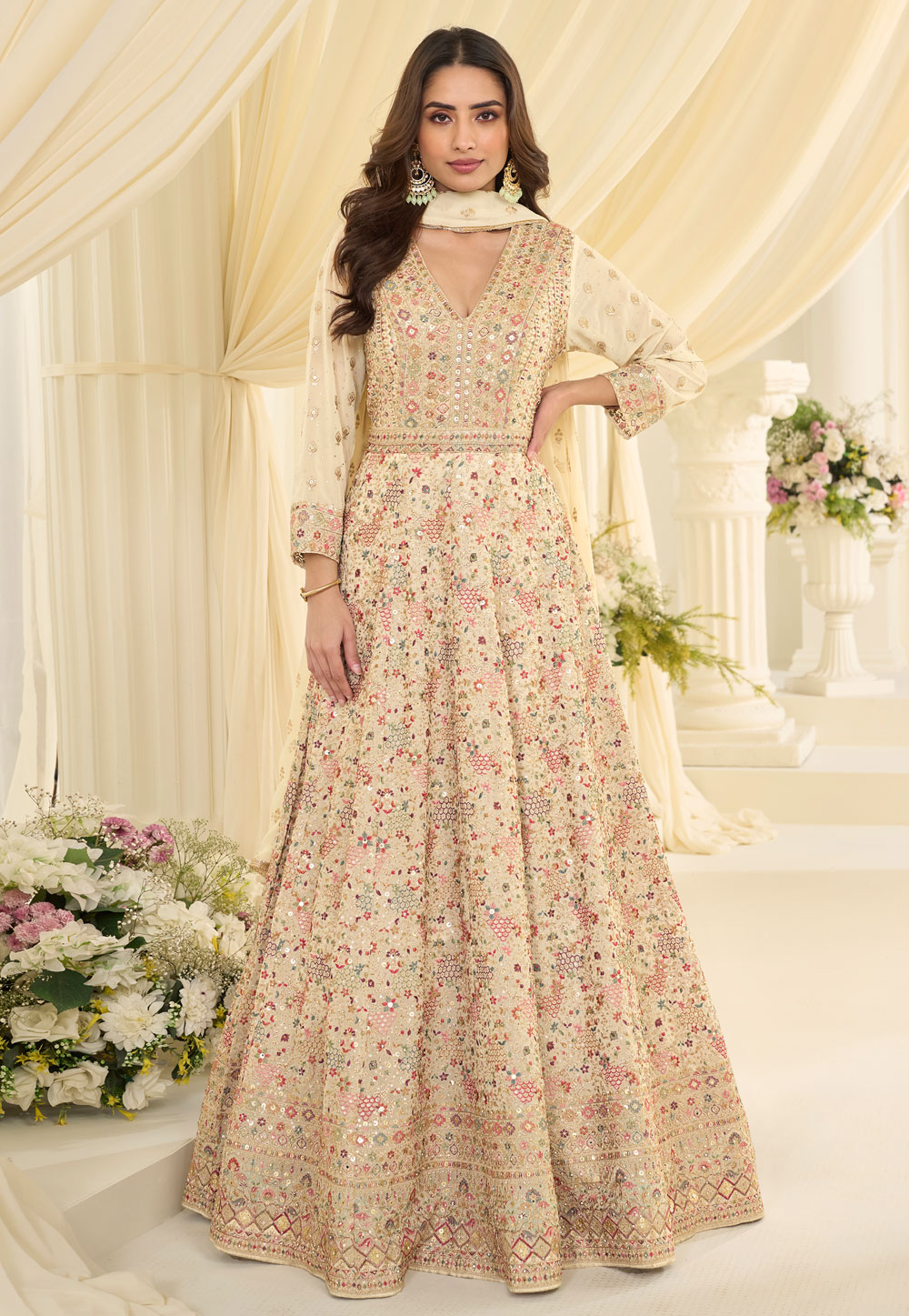 Cream Georgette Embroidered Floor Length Anarkali Suit 325013