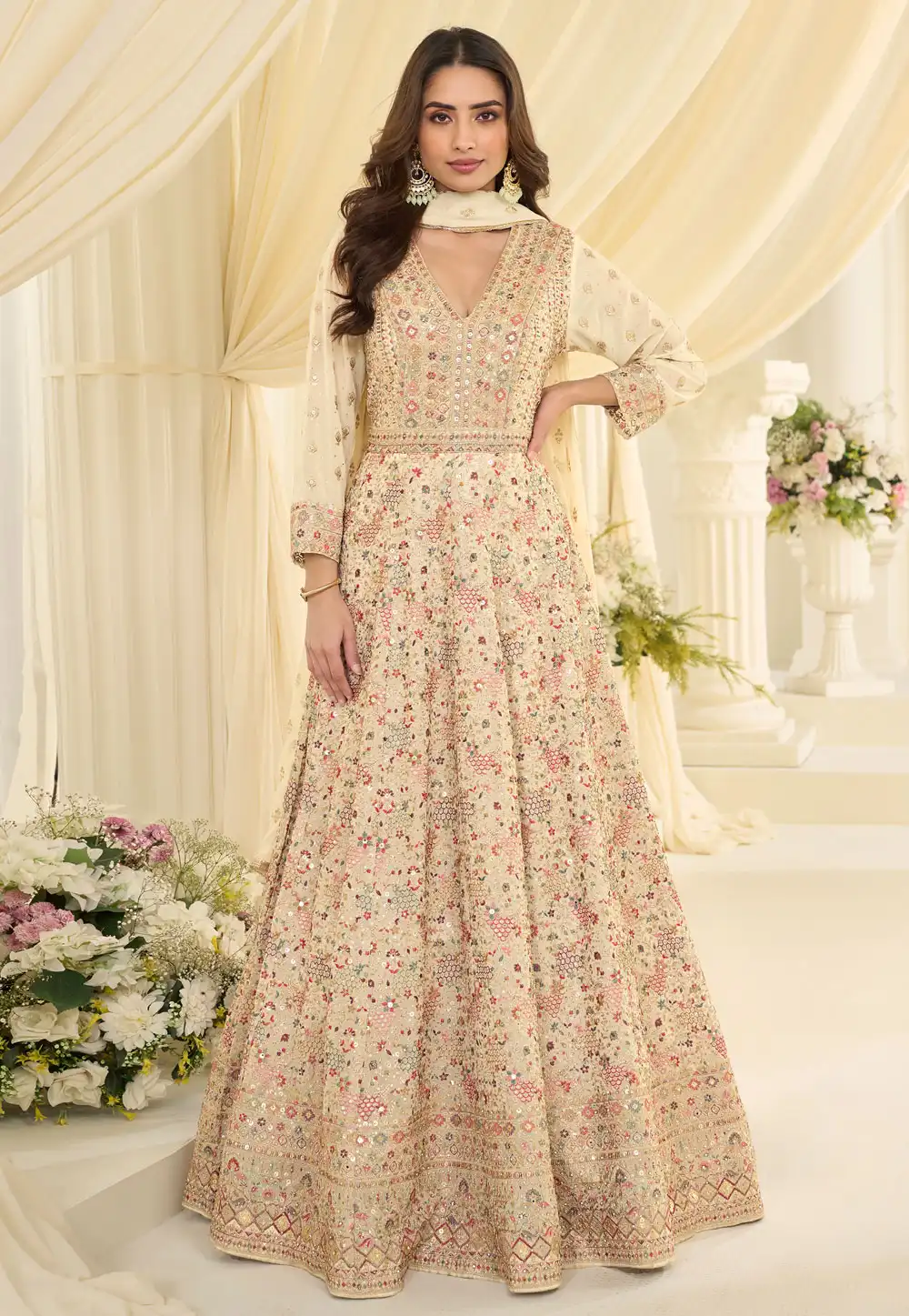 Cream Georgette Embroidered Floor Length Anarkali Suit 325013