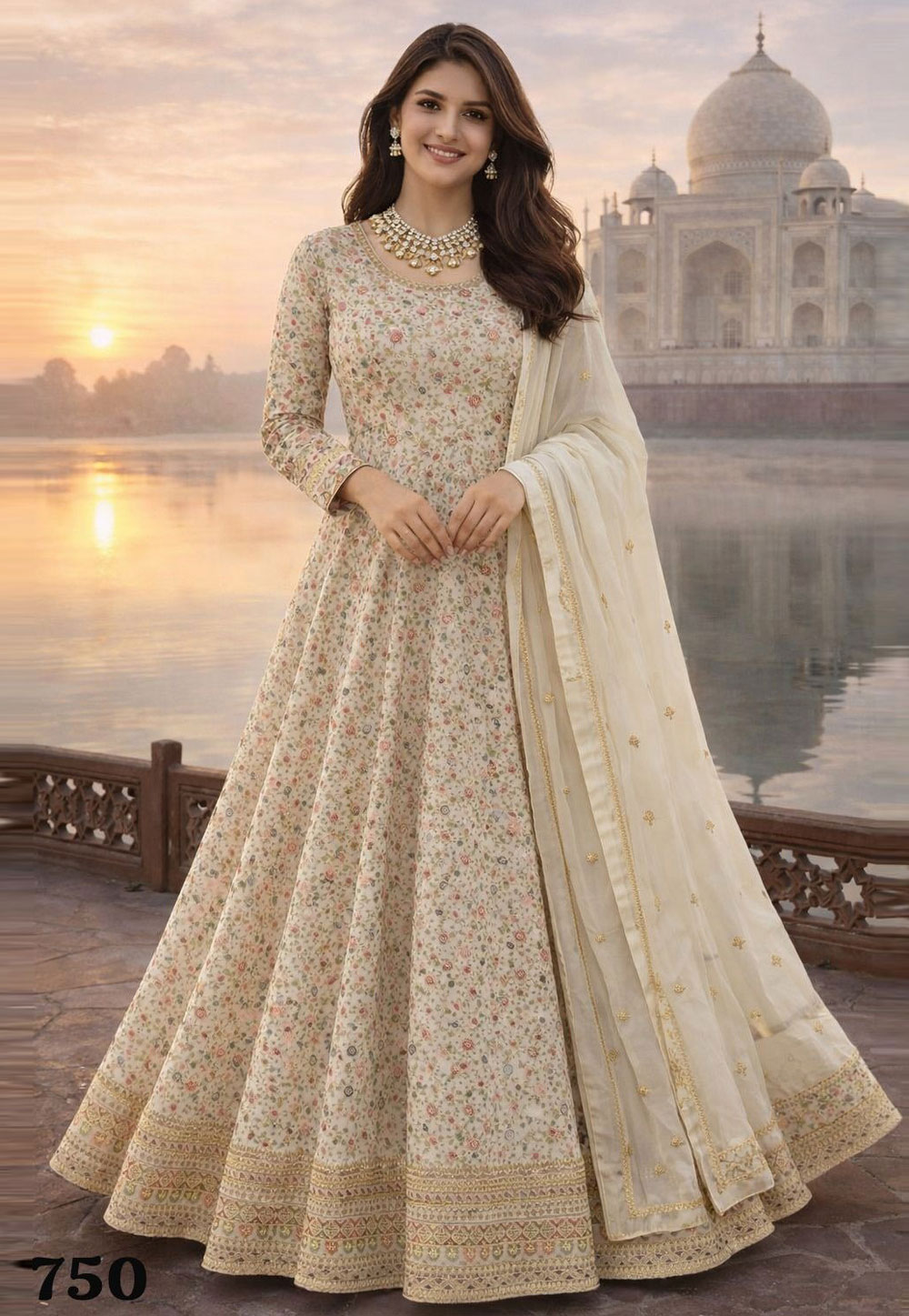 Cream Georgette Embroidered Long Anarkali Suit 322206