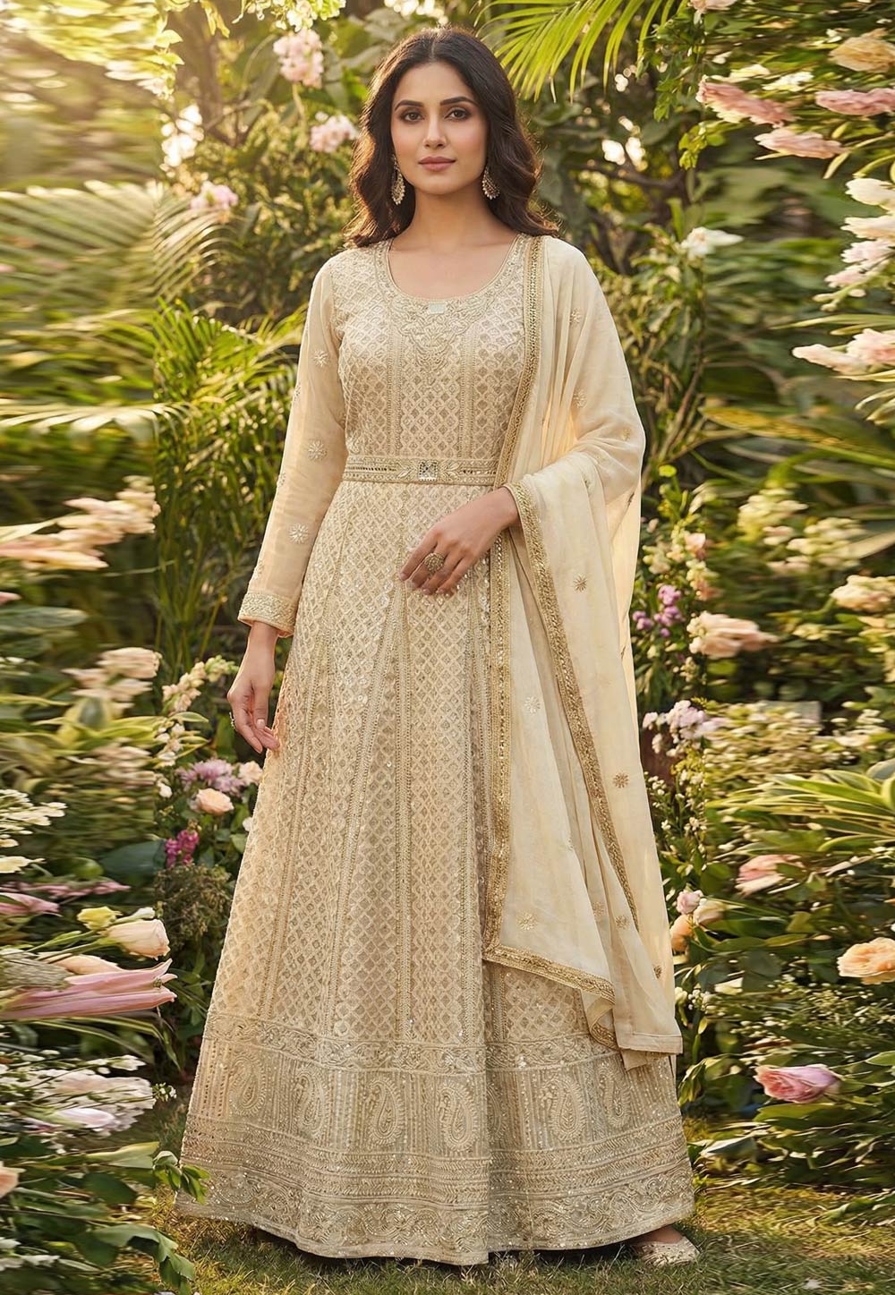 Cream Georgette Embroidered Long Anarkali Suit 321433