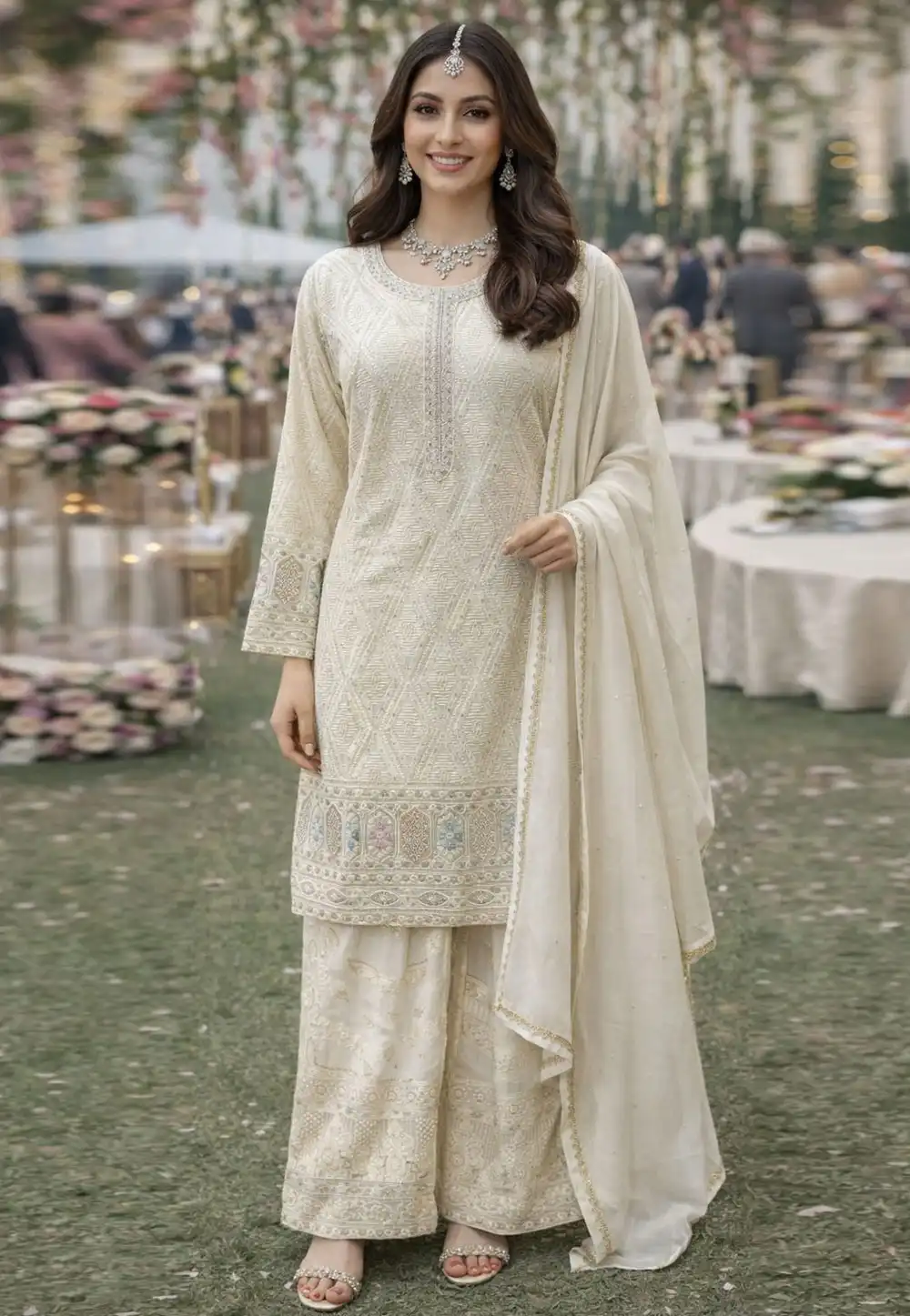 Cream Georgette Embroidered Pakistani Suit 327979