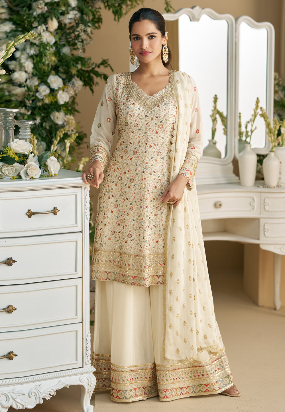 Cream Georgette Embroidered Palazzo Suit 307342
