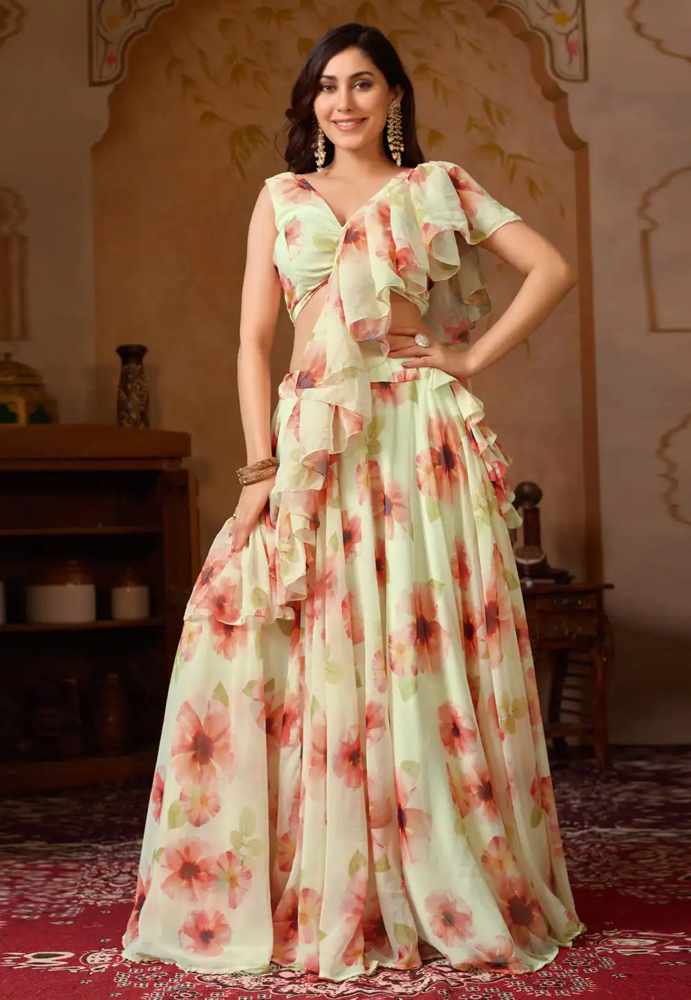 Cream Georgette Floral Lehenga choli 327019