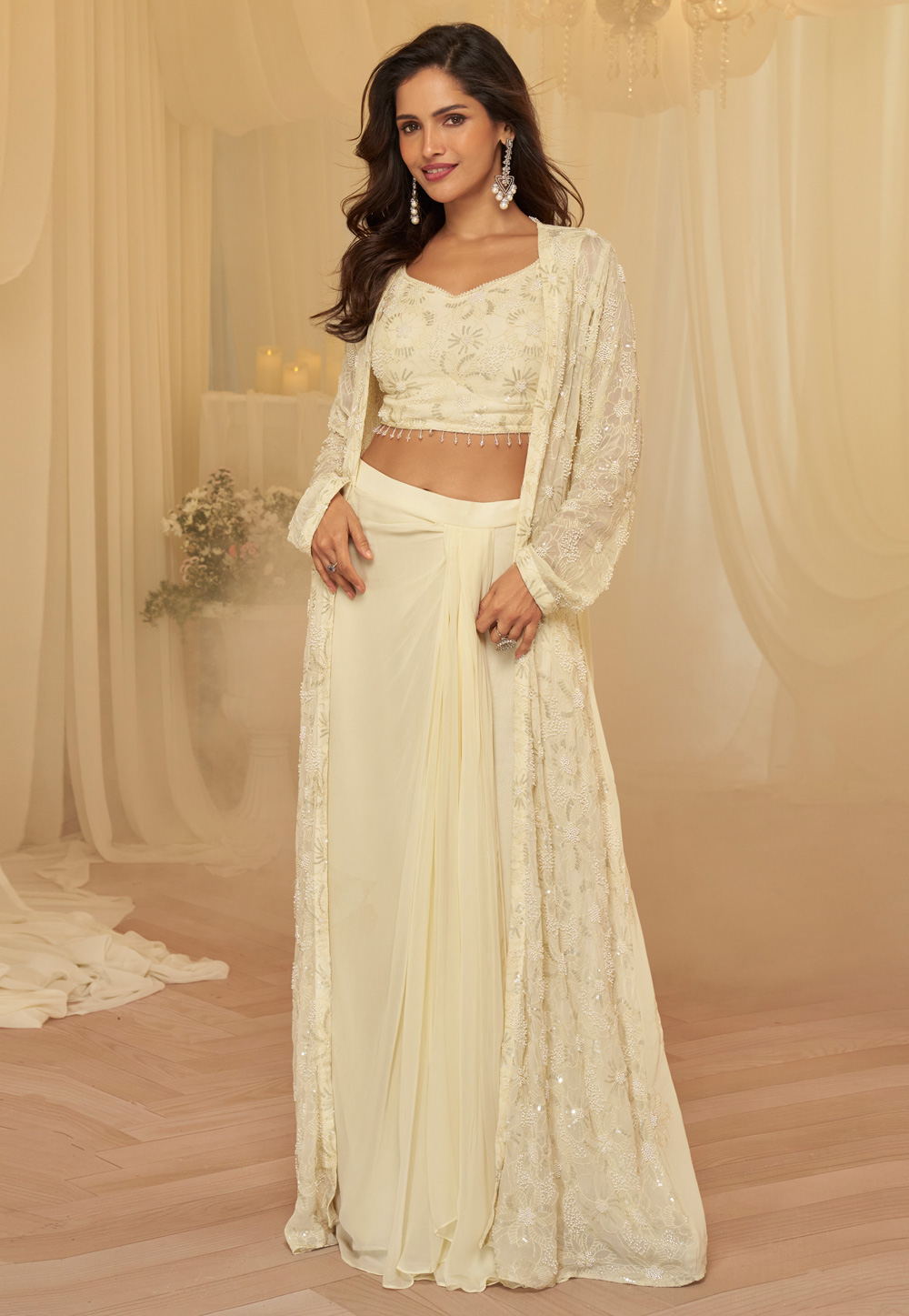 Cream Georgette Jacket Style Suit 326265