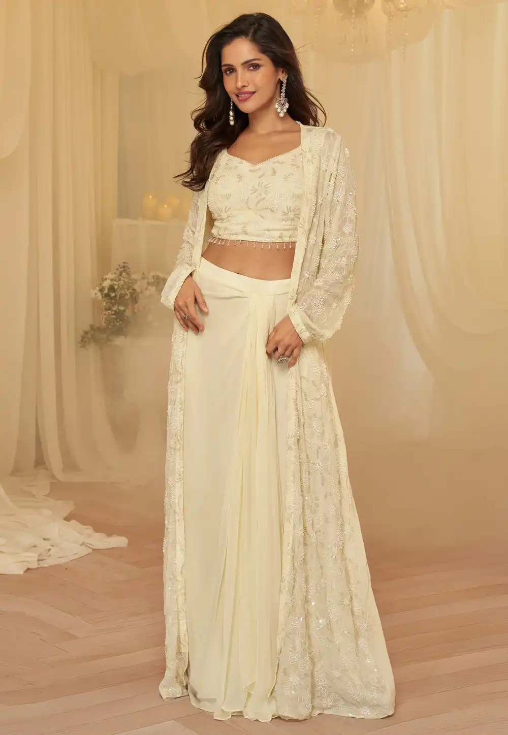 Cream Georgette Jacket Style Suit 326265