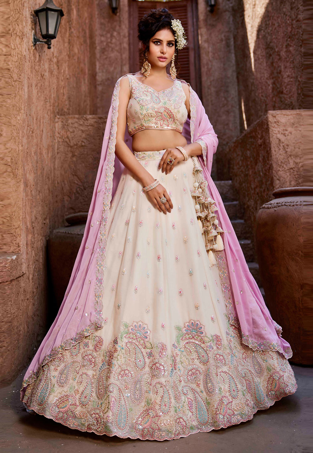 Cream Georgette Lehenga Choli 306634