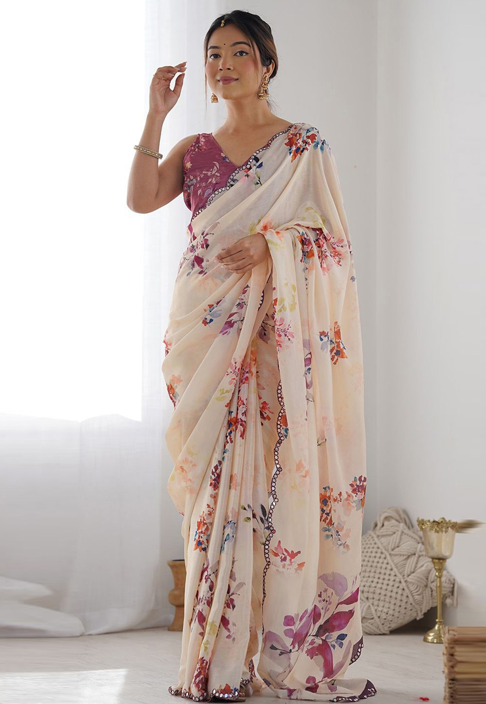 Cream Georgette Light Weight Saree 311555