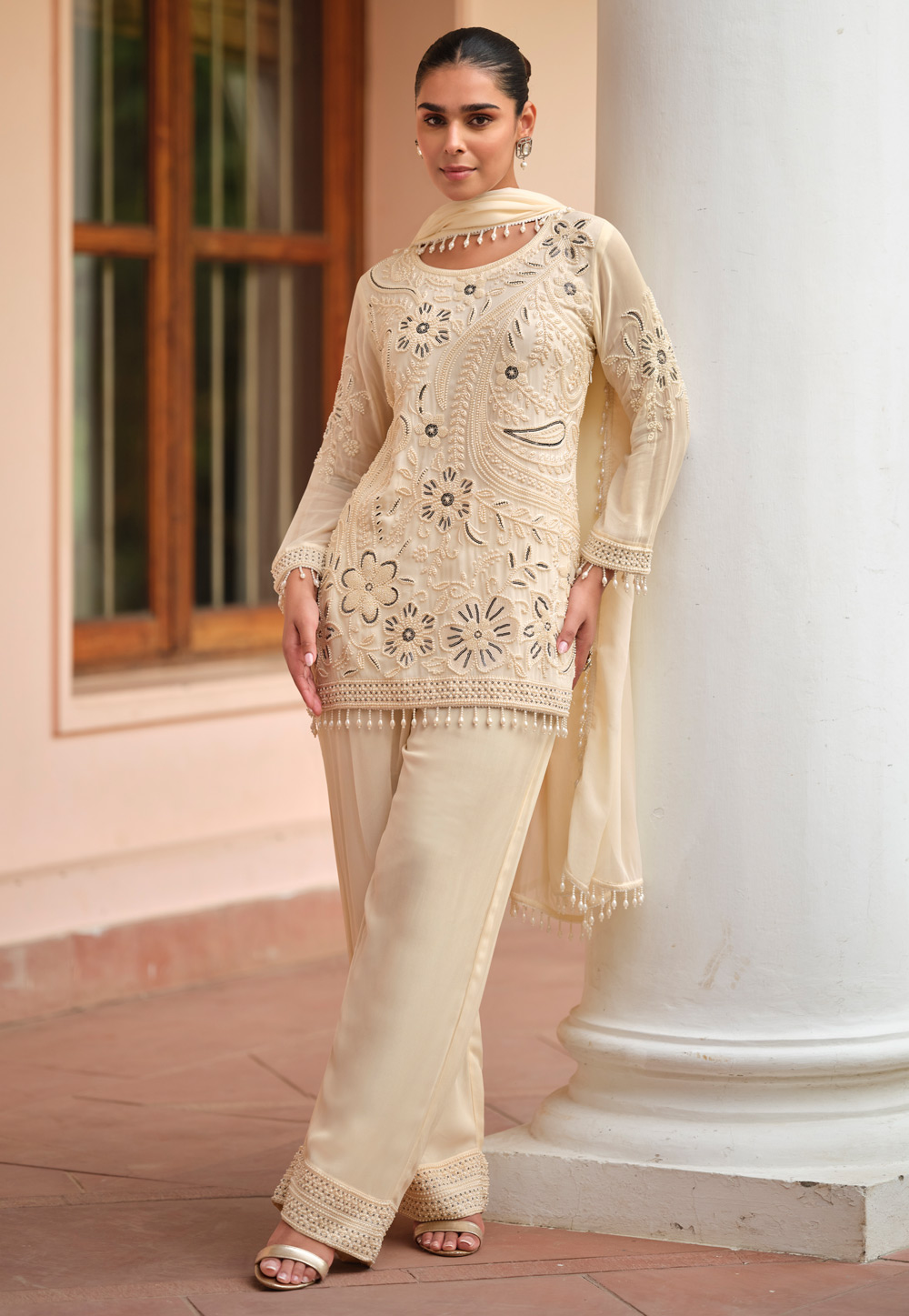 Cream Georgette Pant Style Suit 318988