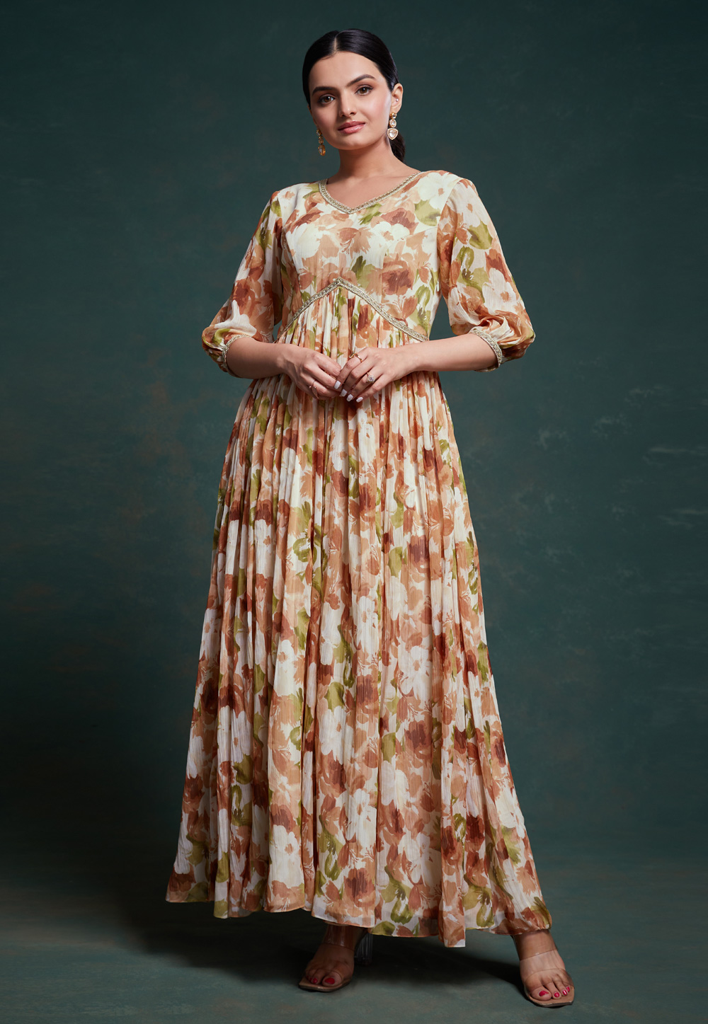 Cream Georgette Printed Gown 287398