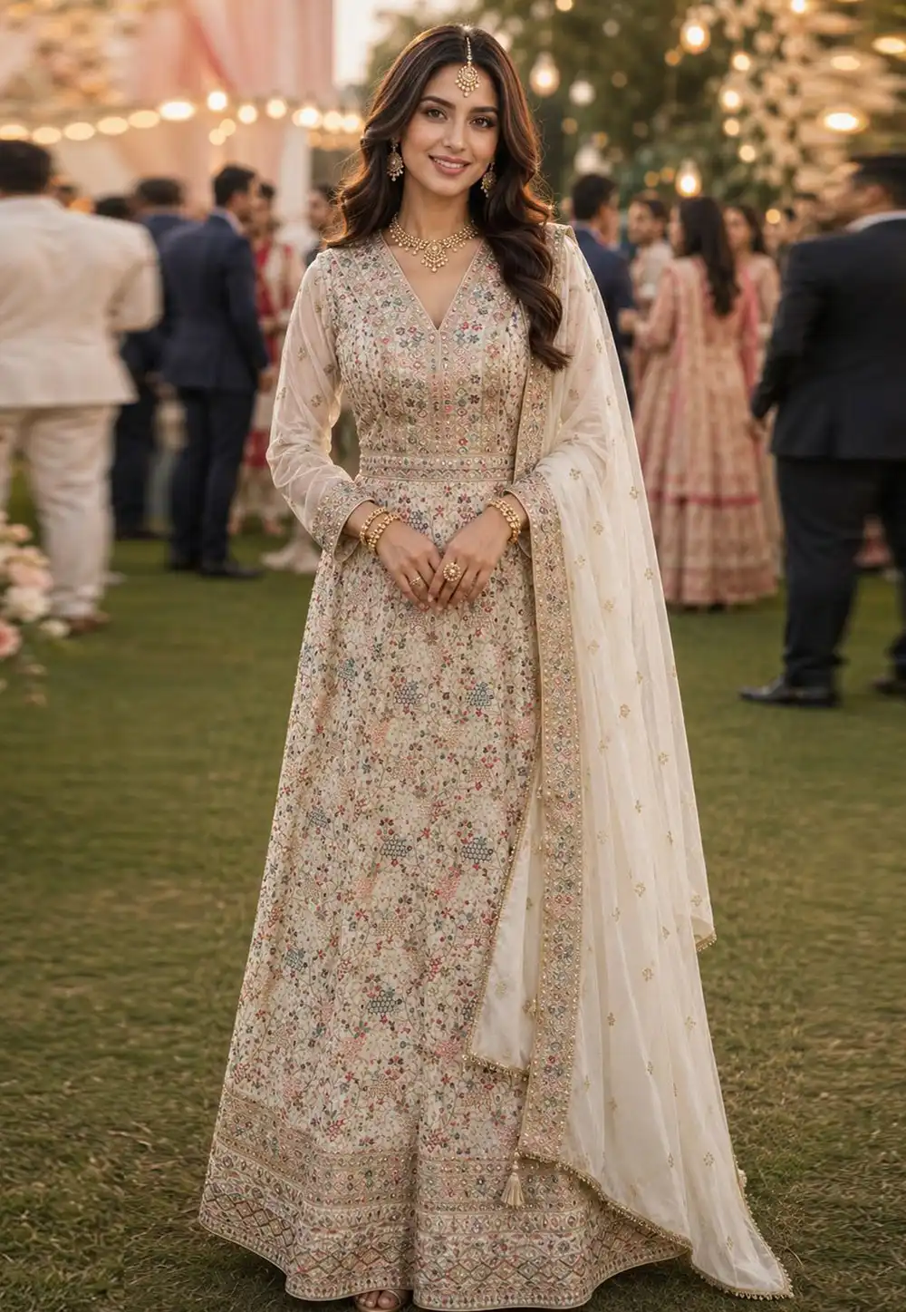 Cream Georgette Readymade Anarkali Suit 330128