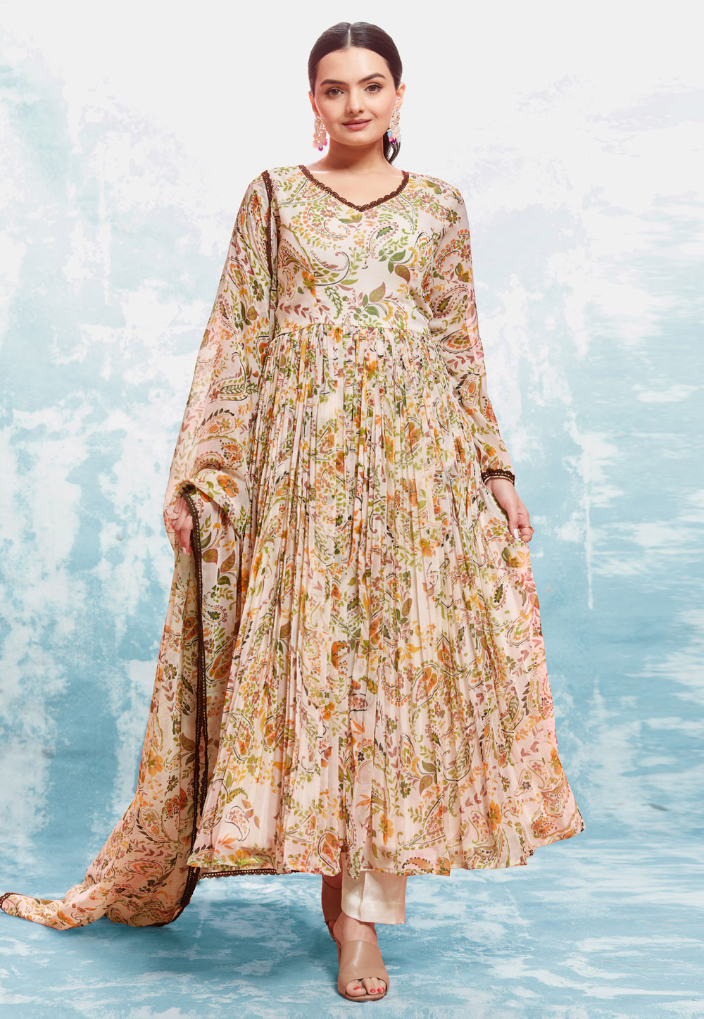 Cream Georgette Readymade Anarkali Suit 287394