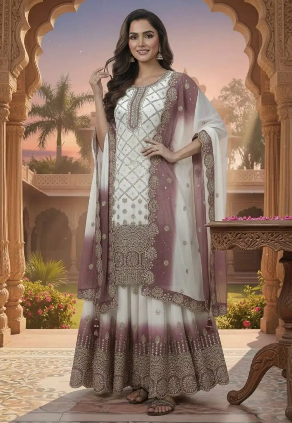 Cream Georgette Readymade Gharara Suit 324180