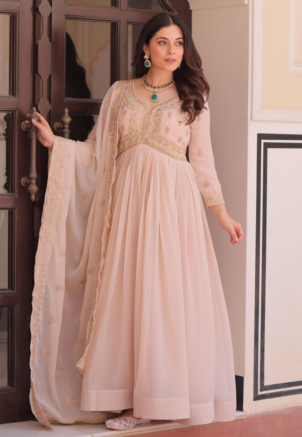 Cream Georgette Readymade Long Anarkali Suit 318005