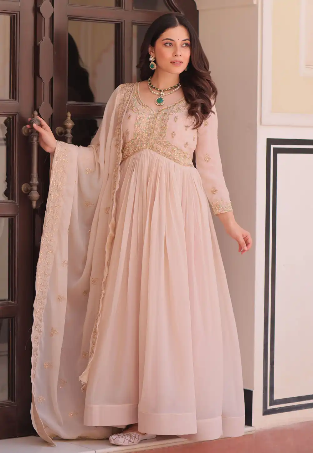 Cream Georgette Readymade Long Anarkali Suit 318005