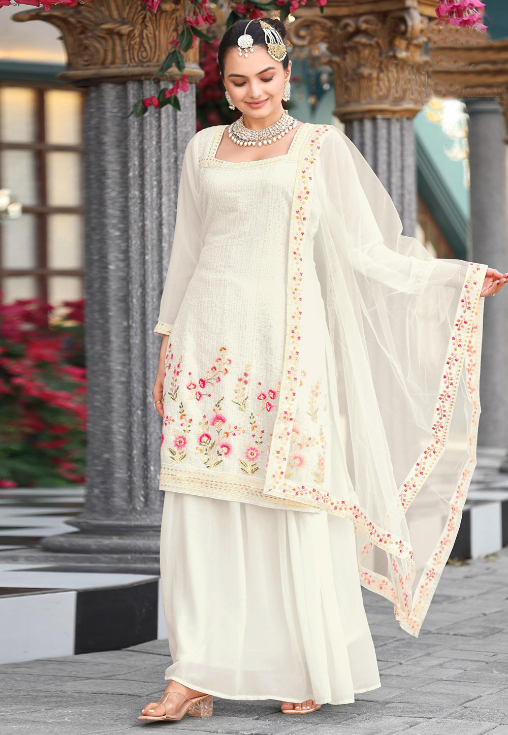 Cream Georgette Readymade Long Choli Lehenga 320927