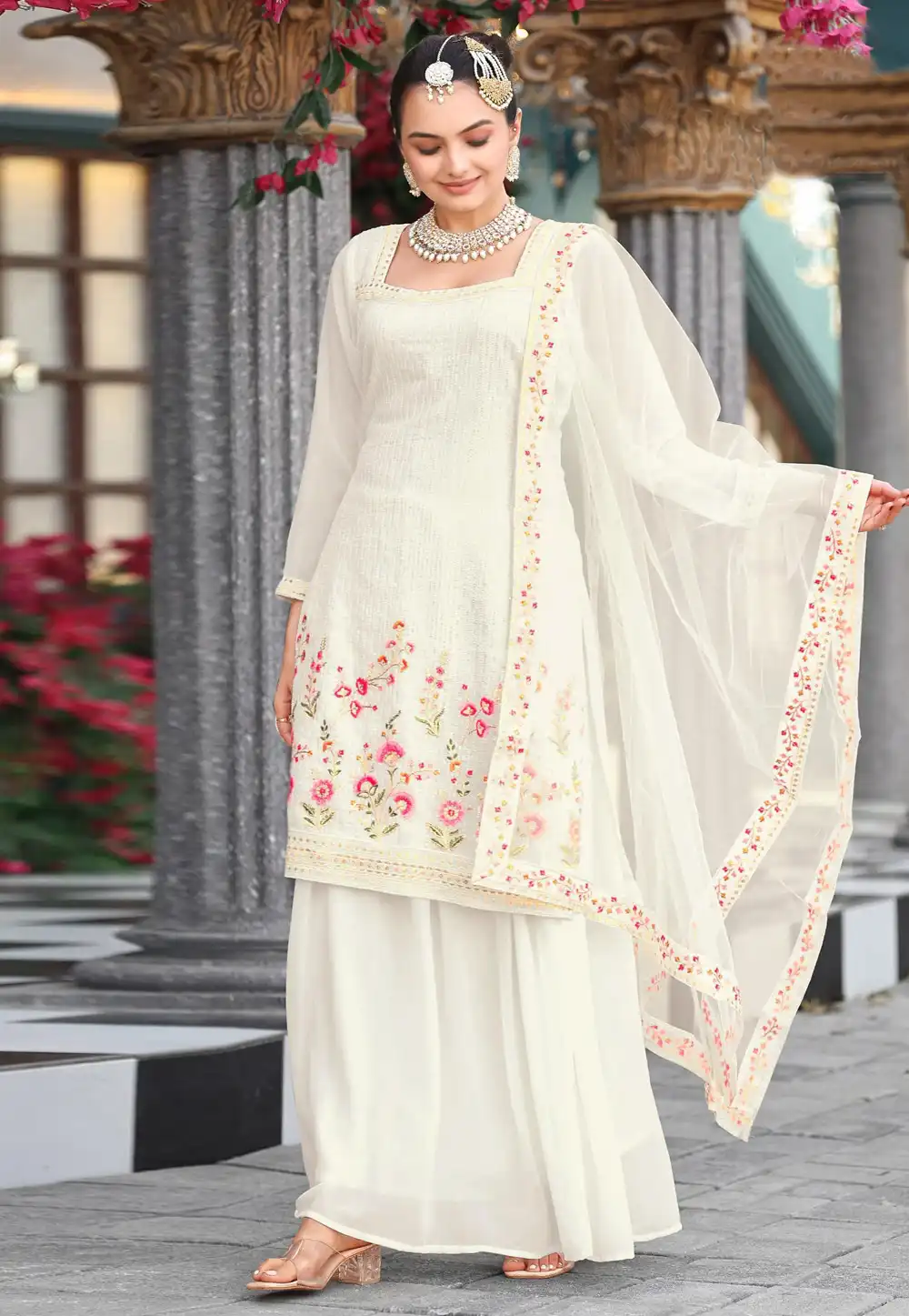 Cream Georgette Readymade Long Choli Lehenga 320927