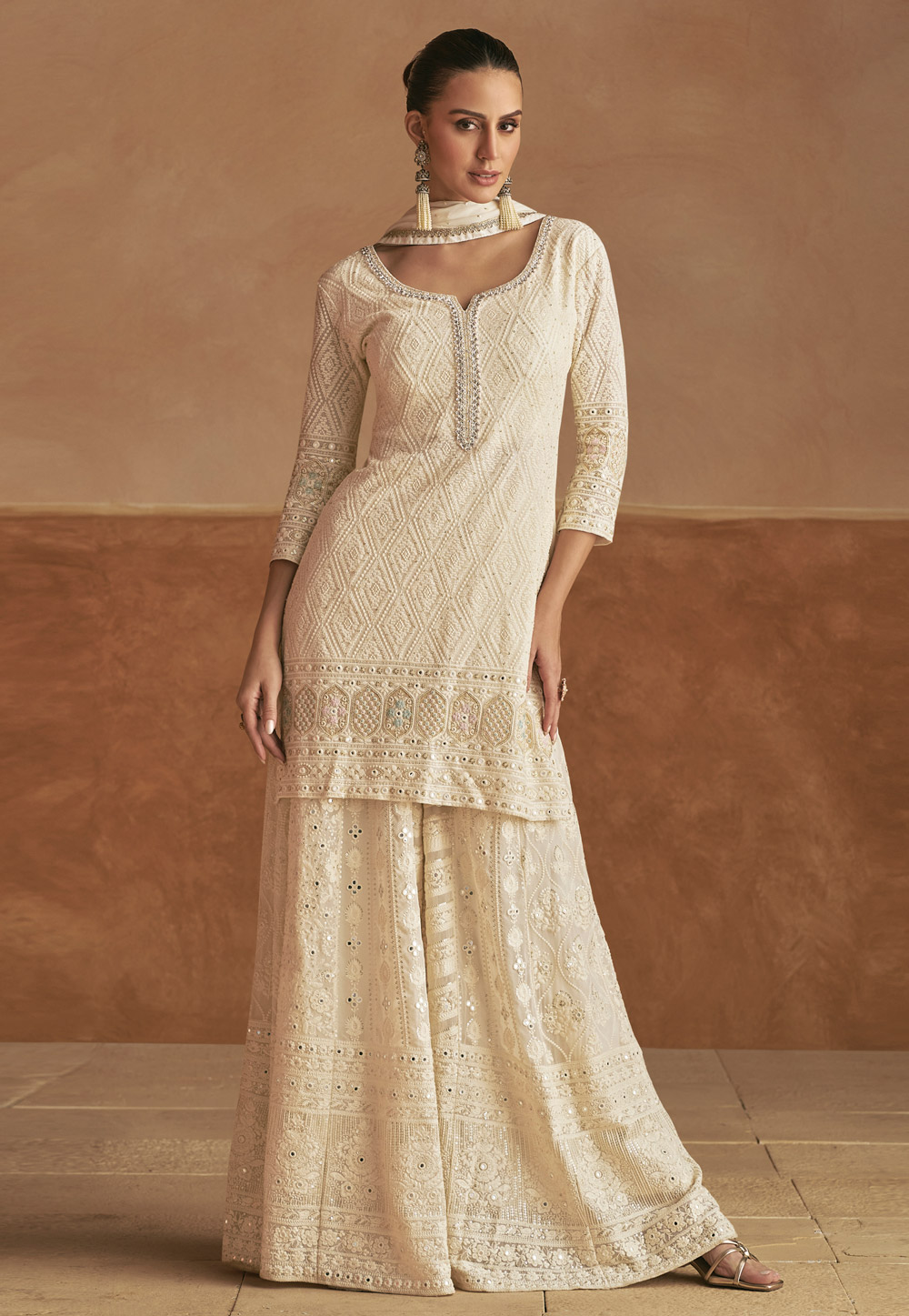 Cream Georgette Readymade Pakistani Suit 327484