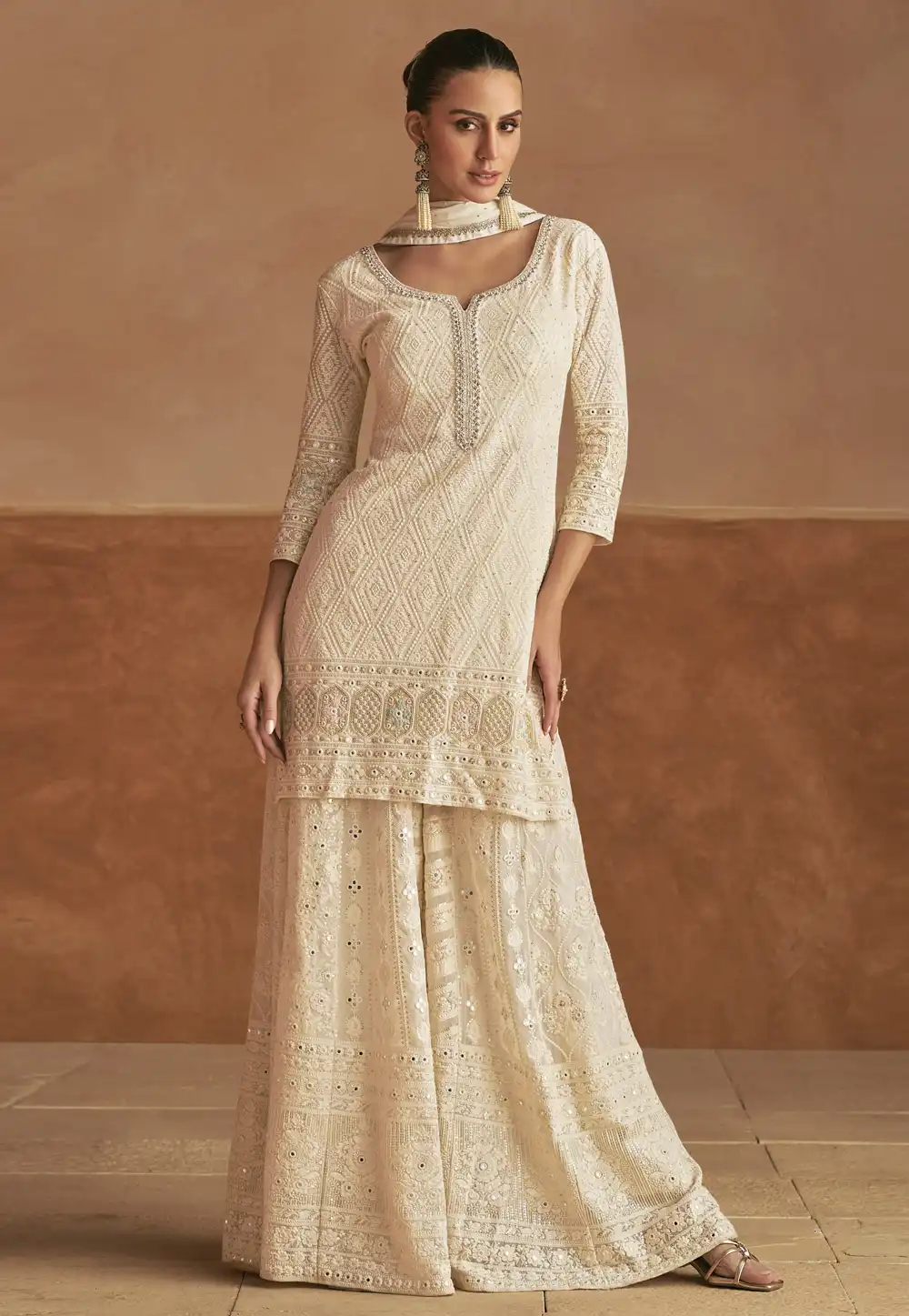 Cream Georgette Readymade Pakistani Suit 327484