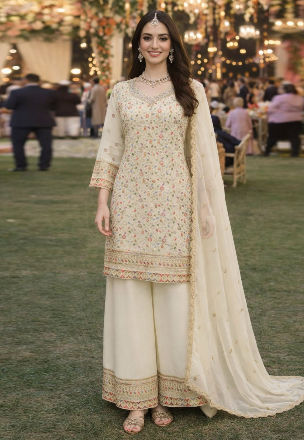 Cream Georgette Readymade Palazzo Suit 328022